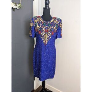Vintage 80's Scala Royal‎ Cobalt Blue Beaded Silk Cocktail Dress - PL